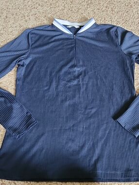 Lady Hagen Navy Blue Ribbed Long Sleeve Top with Contrast Collar Size Medium